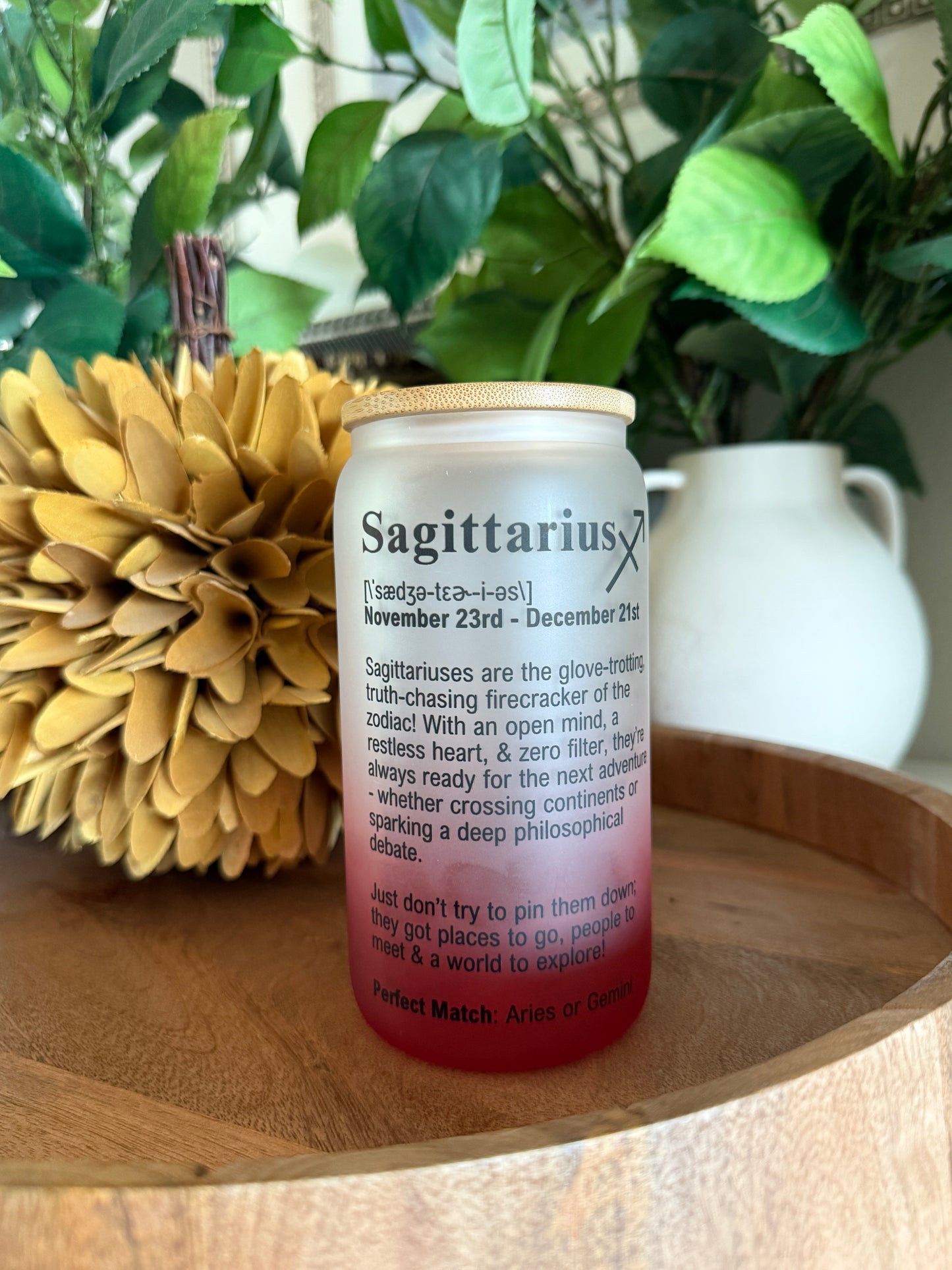 “Sagittarius Vibes” – 16oz Frosted Glass Zodiac Tumbler