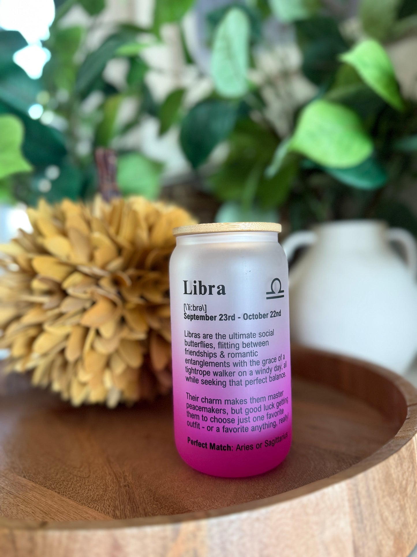 “Libra Vibes” – 16oz Frosted Glass Zodiac Tumbler