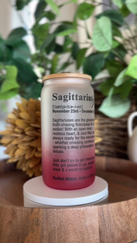 “Sagittarius Vibes” – 16oz Frosted Glass Zodiac Tumbler